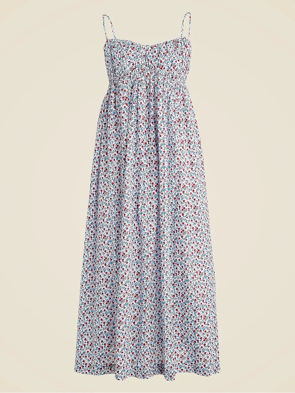 J. Crew White Floral Midi Dress with Red and Blue Accents